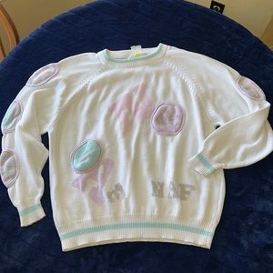 NAF NAF. VINTAGE. 1980’s SWEATER. WHITE W/PASTEL COLORS. NOSTALGIC. SUPER SOFT